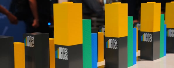2025 Firebrand Award trophies, which look like lego blocks with ICC 2025 written along the side