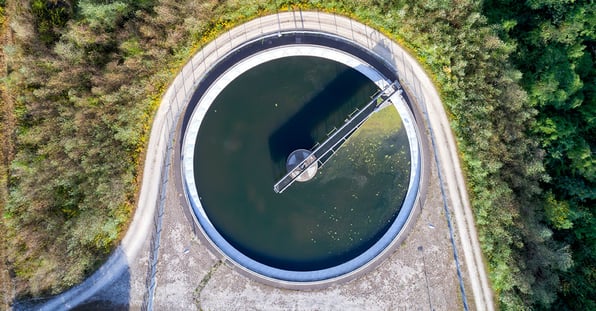 Overhead photo of water treatment plant showing water tank